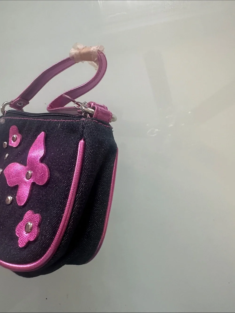 Black Denim Wristlet with Pink Butterfly & Heart Accents